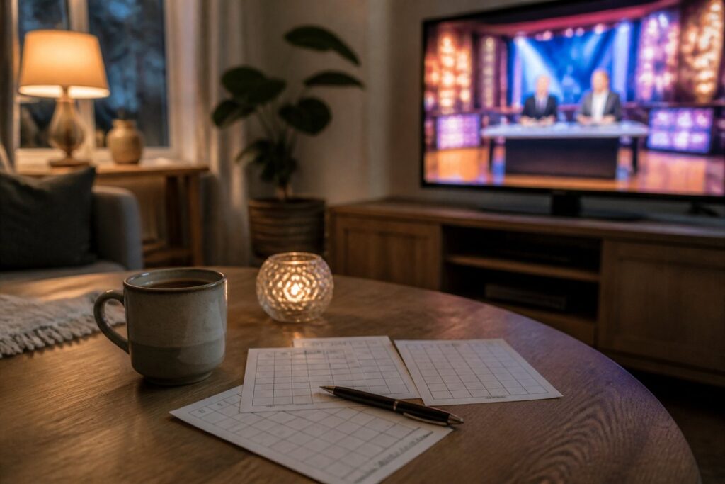 Vardagsrum en söndagskväll med tv i bakgrunden och tomma bingobrickor och en penna på soffbordet