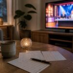 Vardagsrum en söndagskväll med tv i bakgrunden och tomma bingobrickor och en penna på soffbordet